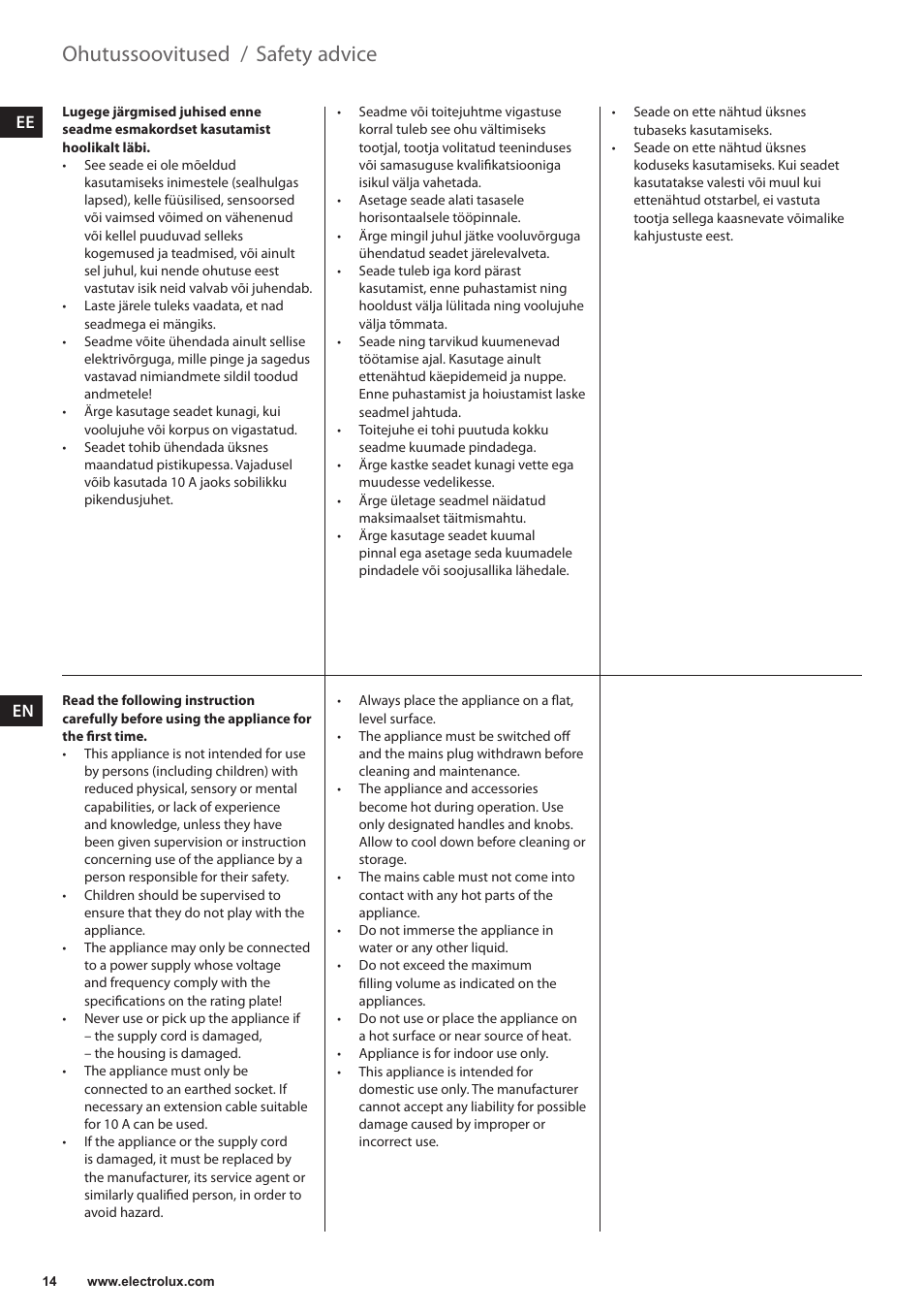 Safety advice, Ohutussoovitused | Electrolux EKF7500 User Manual | Page 14 / 72