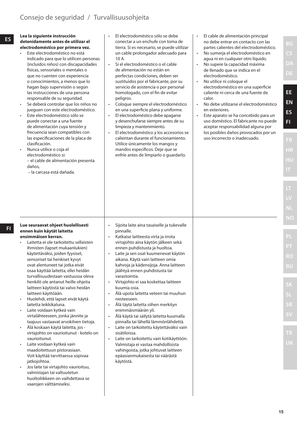 Turvallisuusohjeita, Consejo de seguridad | Electrolux EKF7500 User Manual | Page 15 / 72