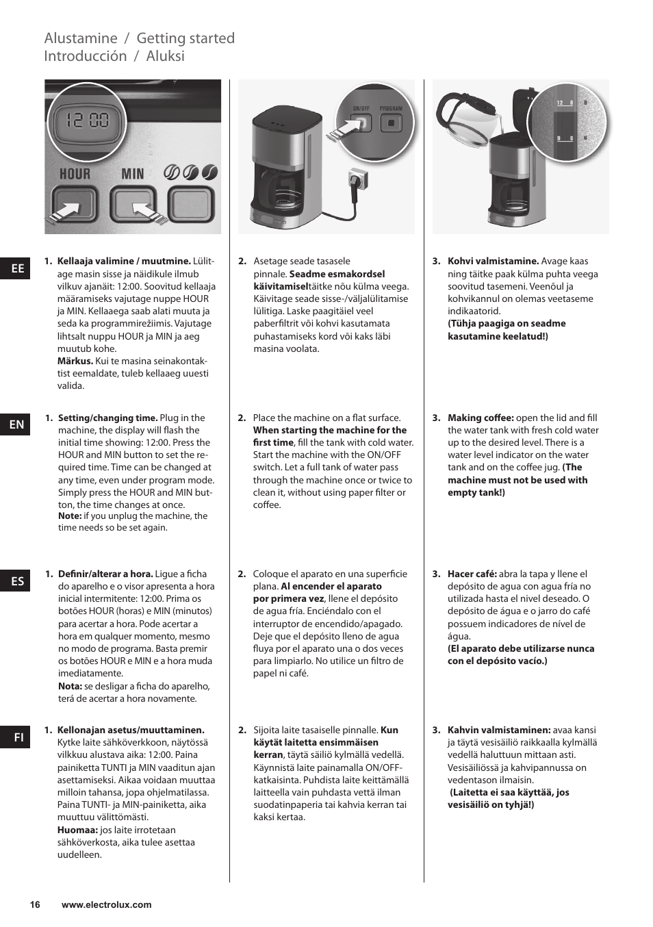 Aluksi, Introducción, Getting started | Alustamine | Electrolux EKF7500 User Manual | Page 16 / 72
