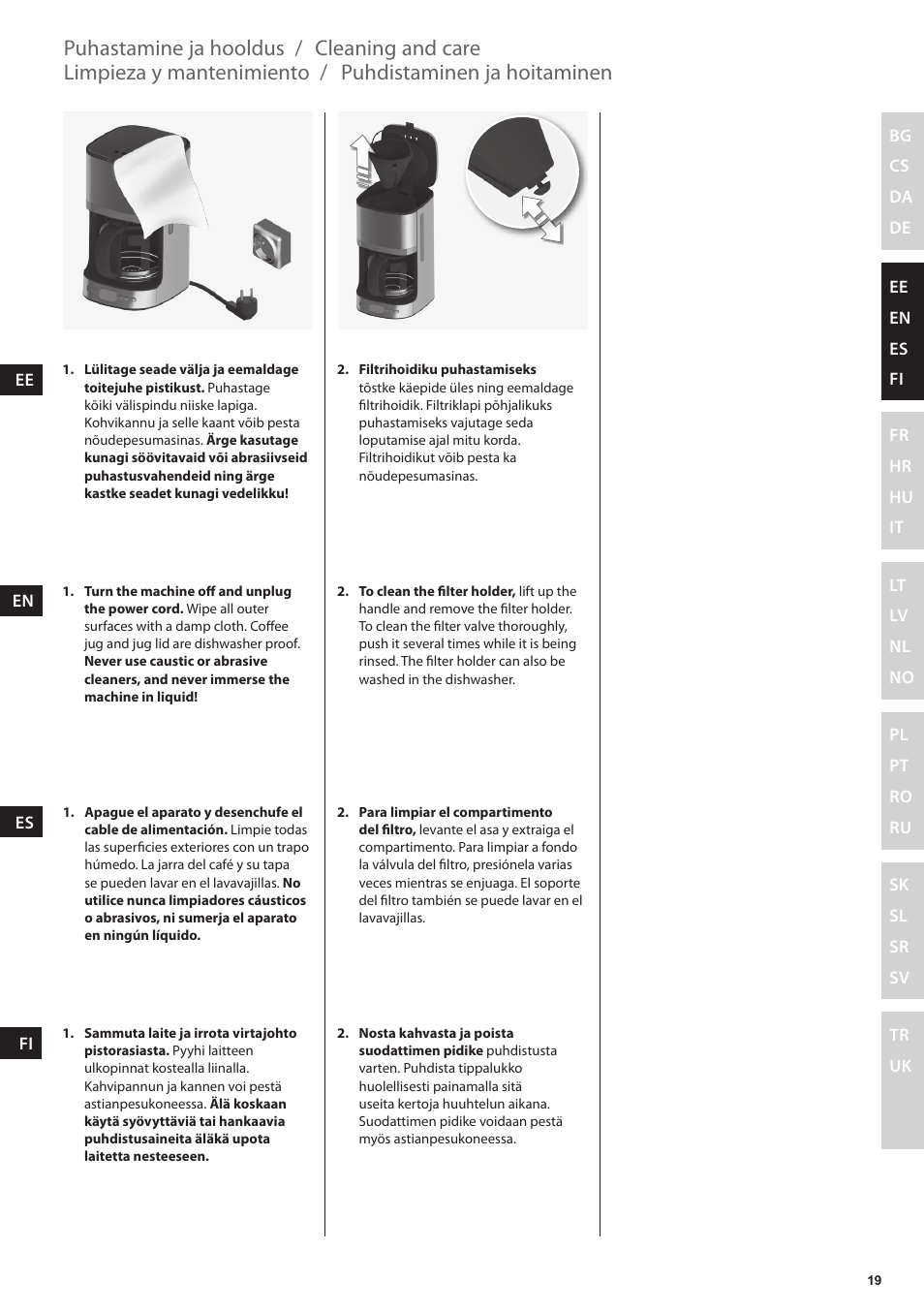 Puhdistaminen ja hoitaminen, Limpieza y mantenimiento, Cleaning and care | Puhastamine ja hooldus | Electrolux EKF7500 User Manual | Page 19 / 72