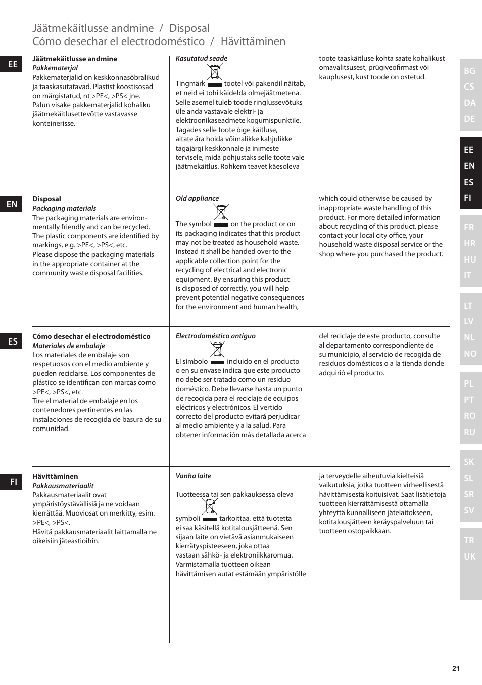 Hävittäminen, Cómo desechar el electrodoméstico, Disposal | Jäätmekäitlusse andmine | Electrolux EKF7500 User Manual | Page 21 / 72