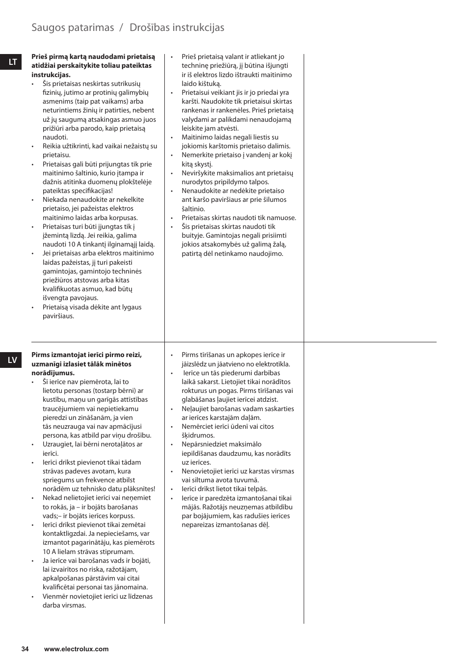 Drošības instrukcijas, Saugos patarimas | Electrolux EKF7500 User Manual | Page 34 / 72
