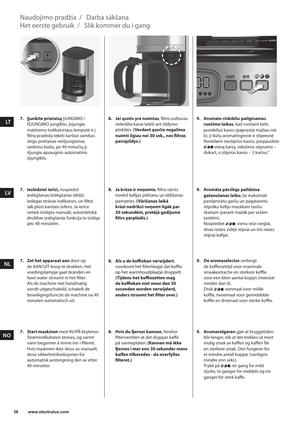 Slik kommer du i gang, Het eerste gebruik, Darba sākšana | Naudojimo pradžia | Electrolux EKF7500 User Manual | Page 38 / 72