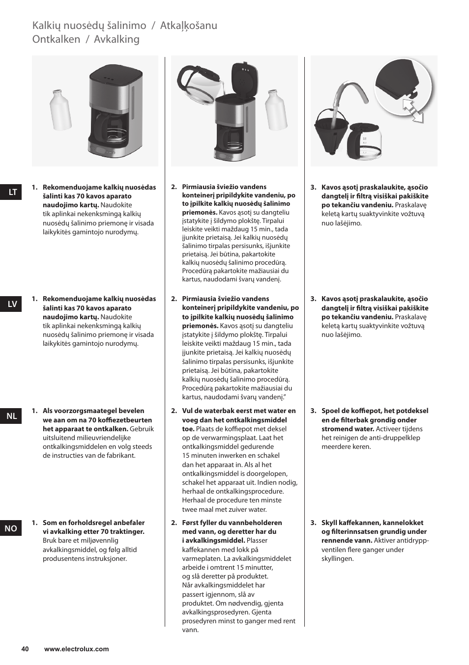 Avkalking, Ontkalken, Atkaļķošanu | Kalkių nuosėdų šalinimo | Electrolux EKF7500 User Manual | Page 40 / 72