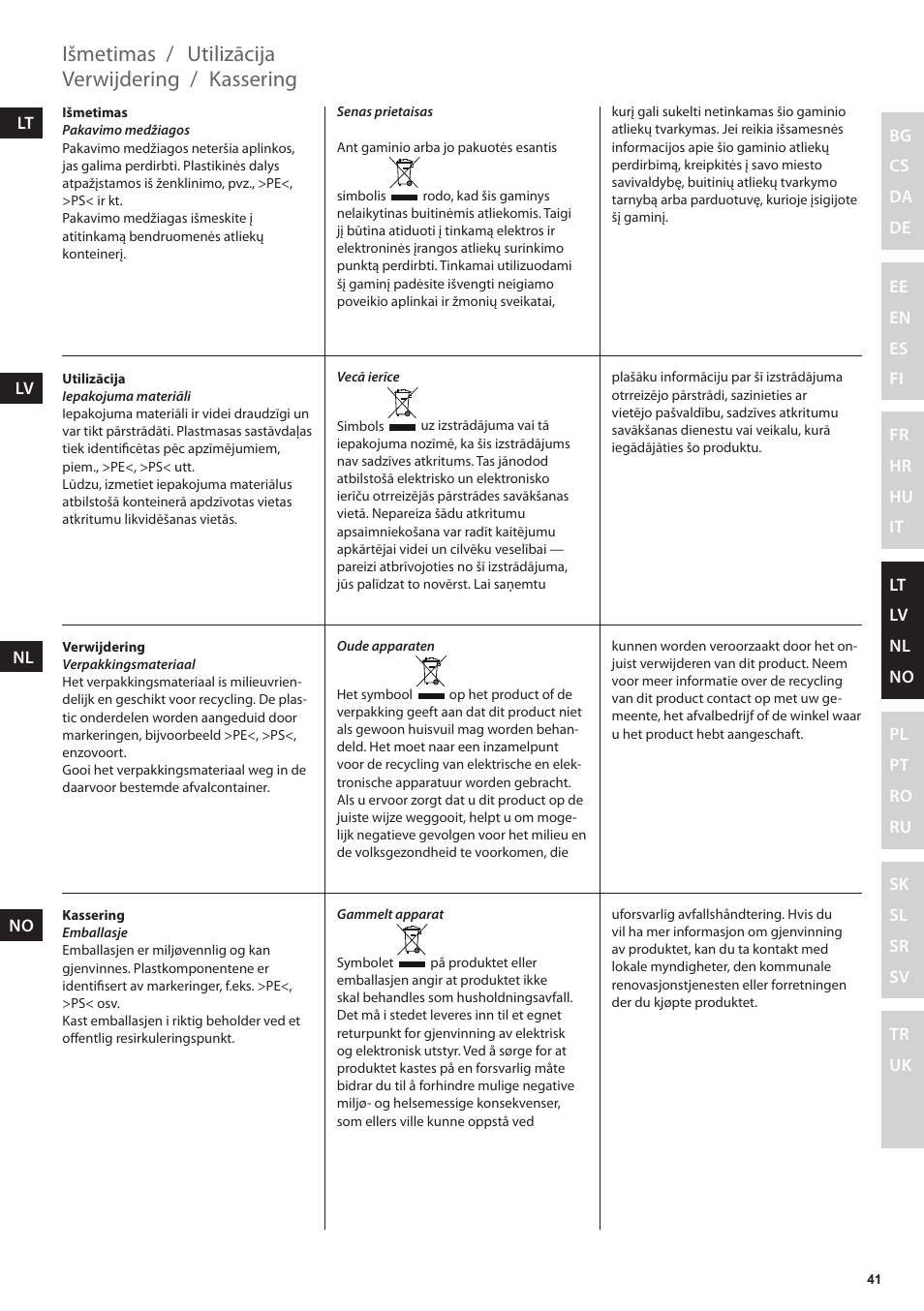 Kassering, Verwijdering, Utilizācija | Išmetimas | Electrolux EKF7500 User Manual | Page 41 / 72