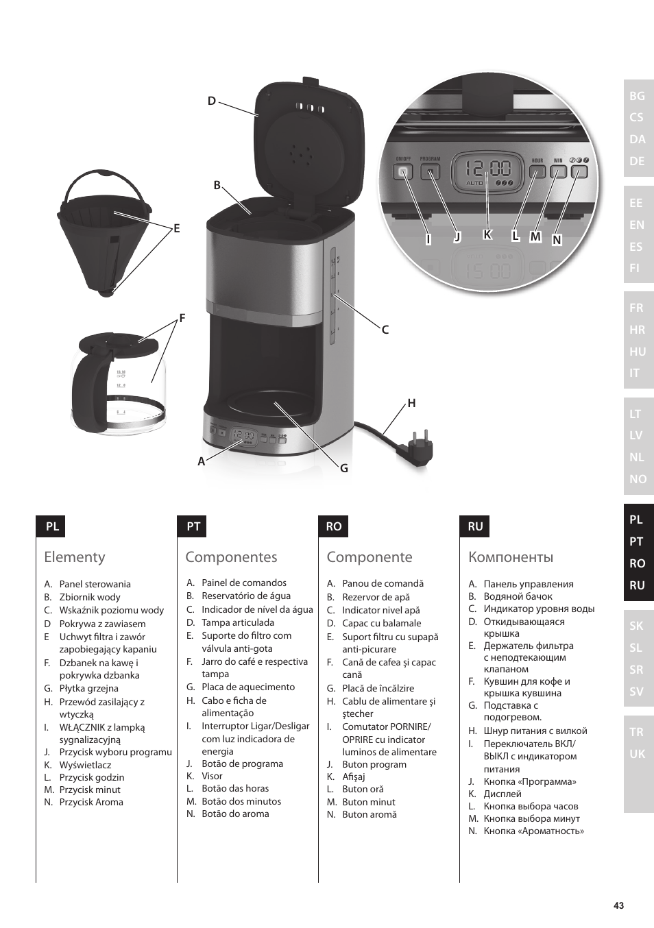 Компоненты, Componente, Componentes | Elementy | Electrolux EKF7500 User Manual | Page 43 / 72