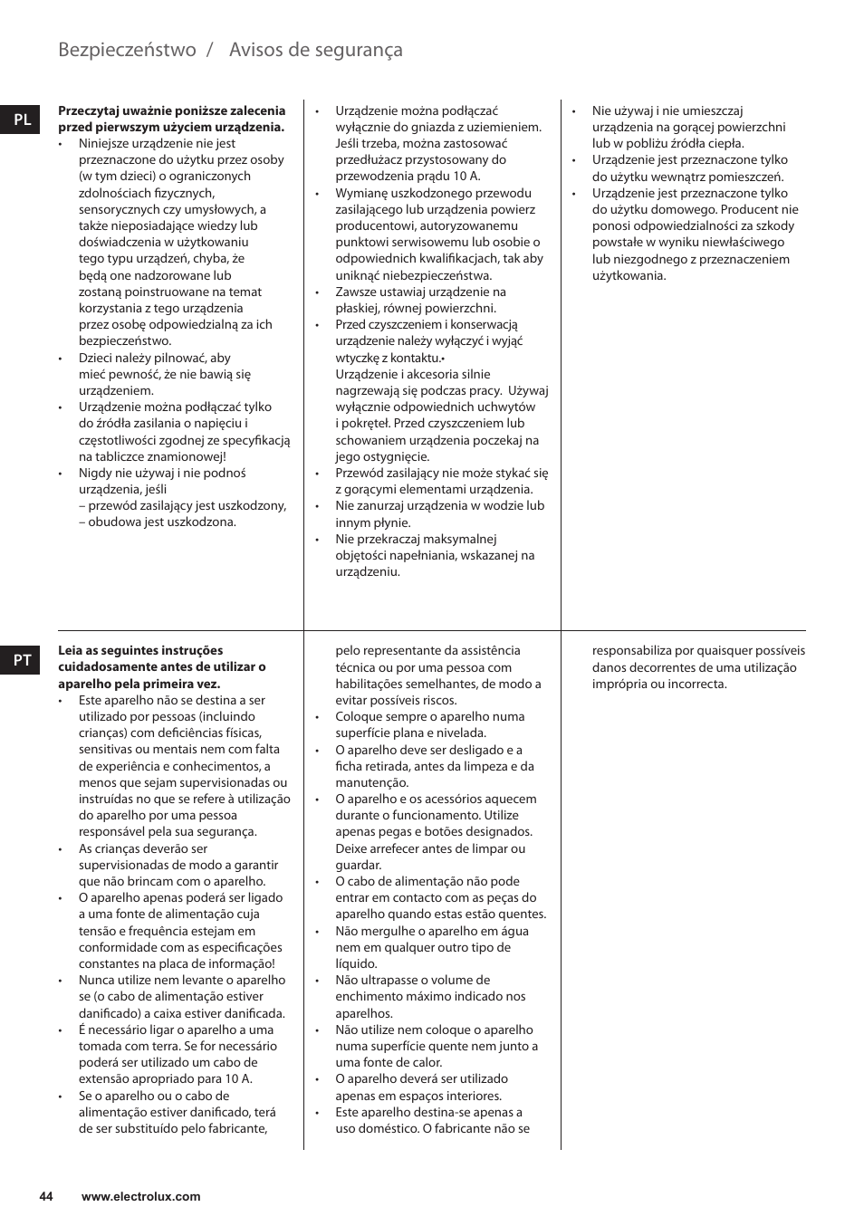 Avisos de segurança, Bezpieczeństwo | Electrolux EKF7500 User Manual | Page 44 / 72