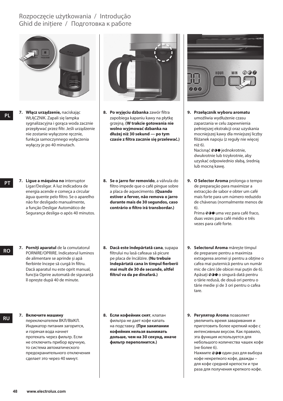 Подготовка к работе, Ghid de iniţiere, Introdução | Rozpoczęcie użytkowania | Electrolux EKF7500 User Manual | Page 48 / 72