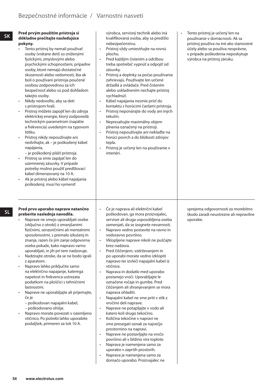 Varnostni nasveti, Bezpečnostné informácie | Electrolux EKF7500 User Manual | Page 54 / 72