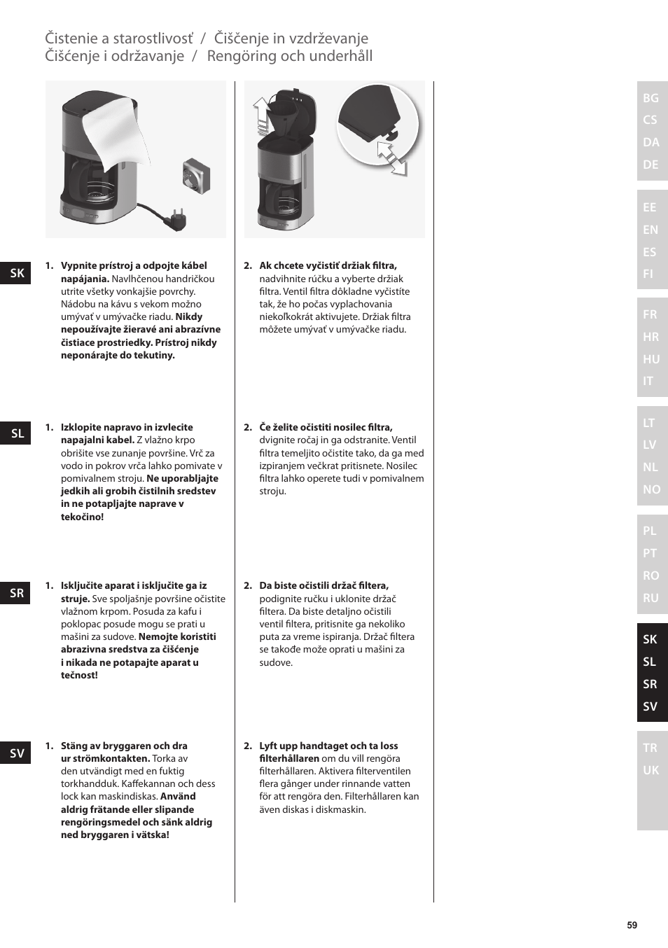 Rengöring och underhåll, Čišćenje i održavanje, Čiščenje in vzdrževanje | Čistenie a starostlivosť | Electrolux EKF7500 User Manual | Page 59 / 72