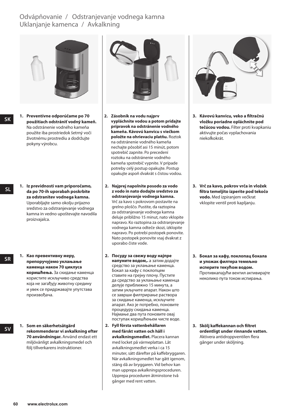 Avkalkning, Uklanjanje kamenca, Odstranjevanje vodnega kamna | Odvápňovanie | Electrolux EKF7500 User Manual | Page 60 / 72