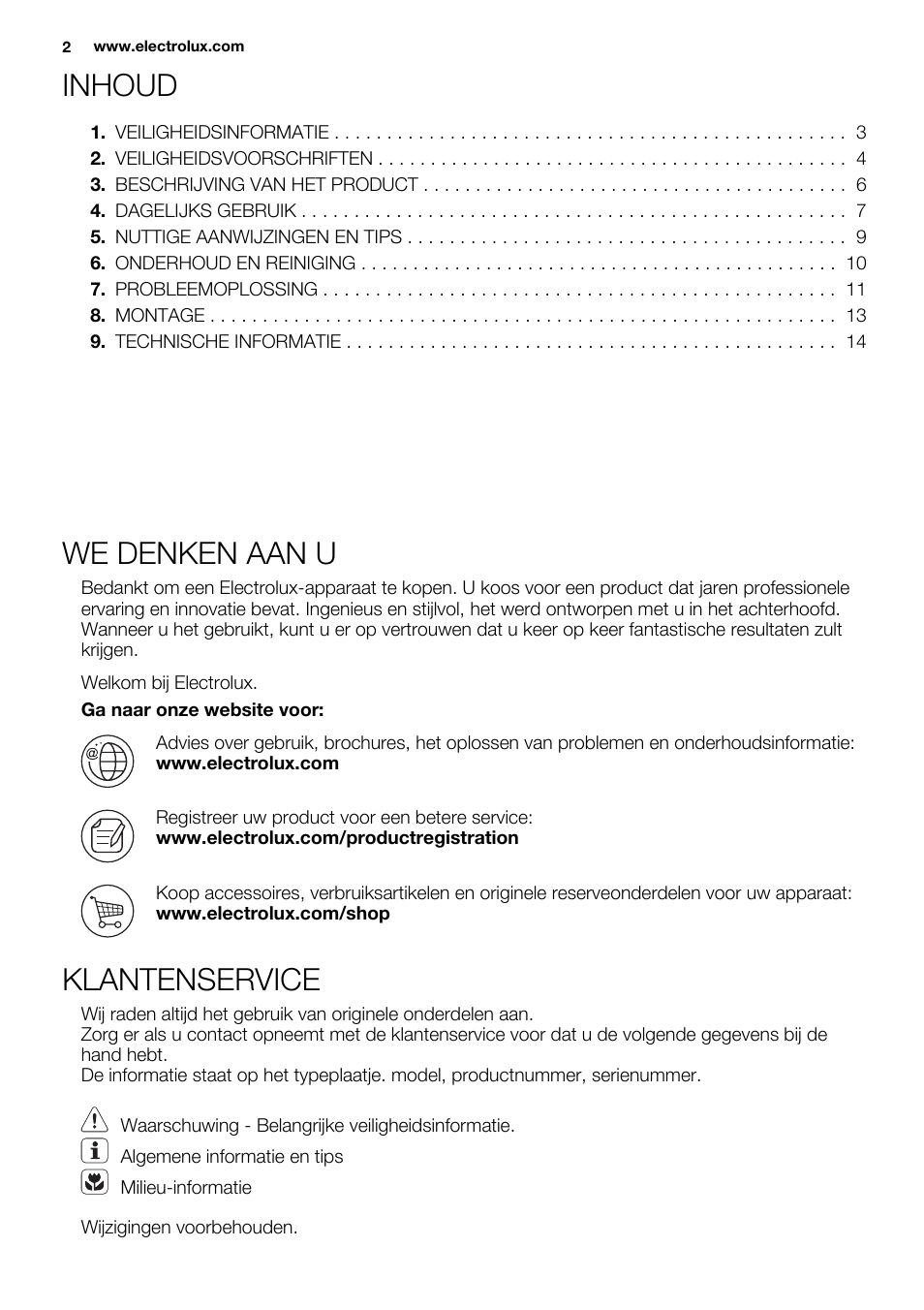 Inhoud, We denken aan u, Klantenservice | Electrolux EHF3320FOK User Manual | Page 2 / 60
