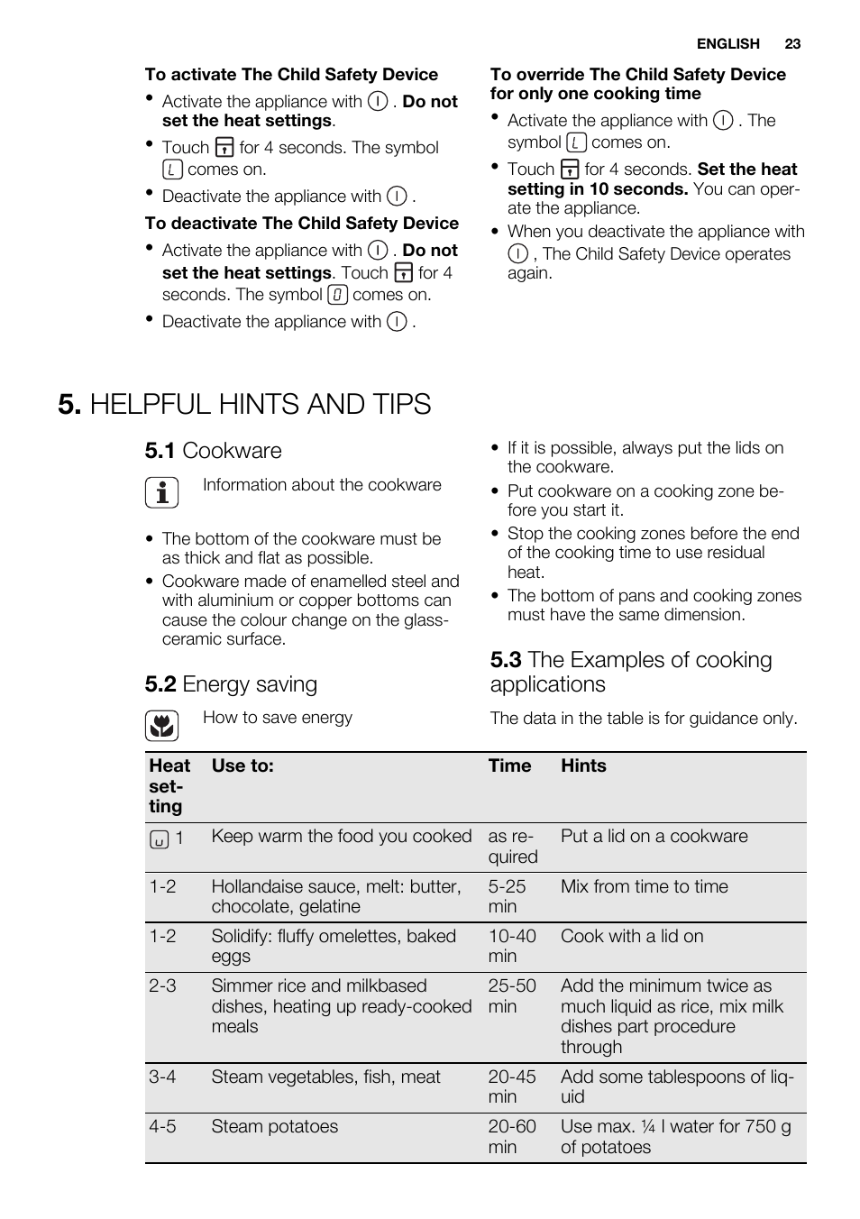 Helpful hints and tips, 1 cookware, 2 energy saving | 3 the examples of cooking applications | Electrolux EHF3320FOK User Manual | Page 23 / 60