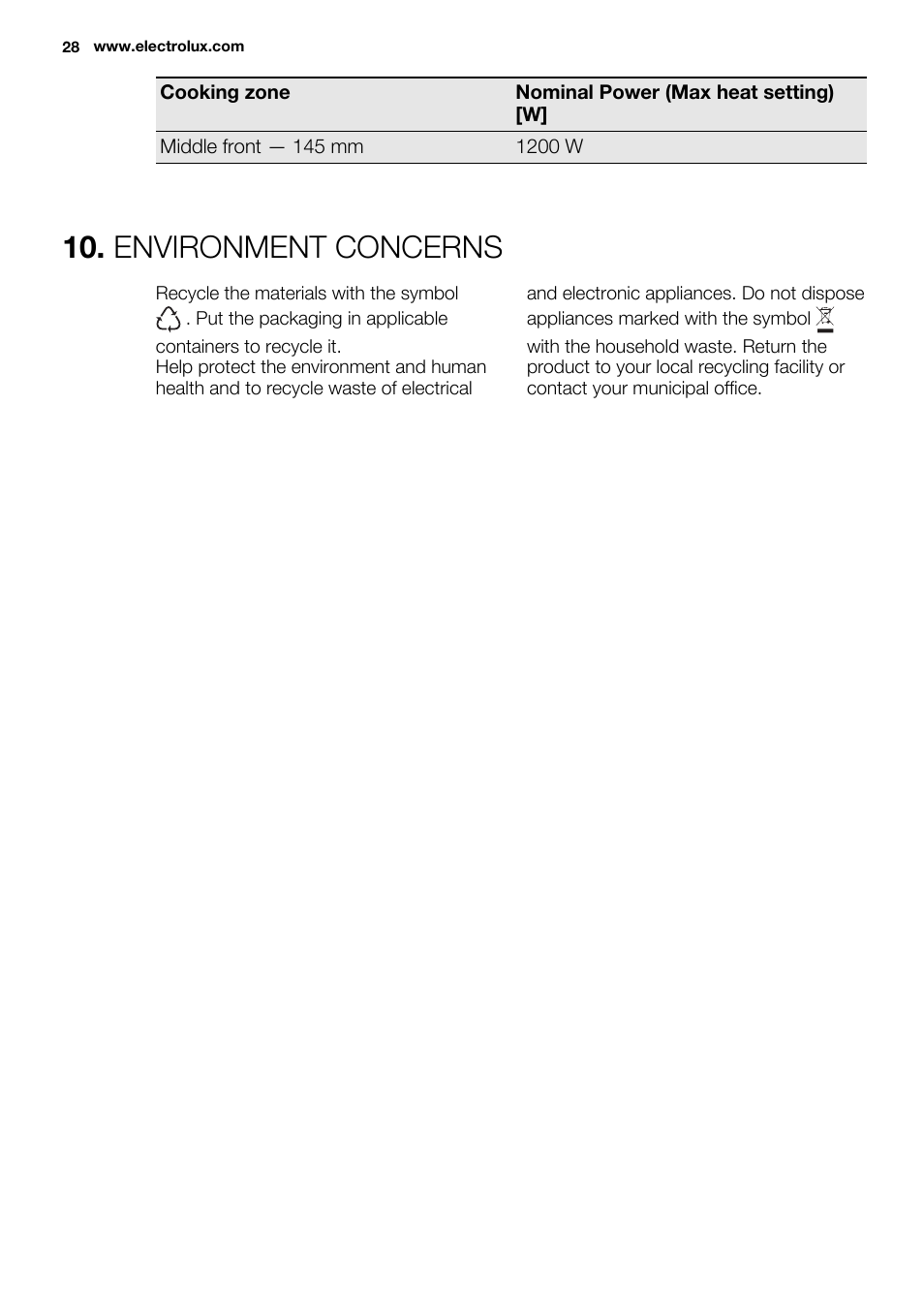 Environment concerns | Electrolux EHF3320FOK User Manual | Page 28 / 60
