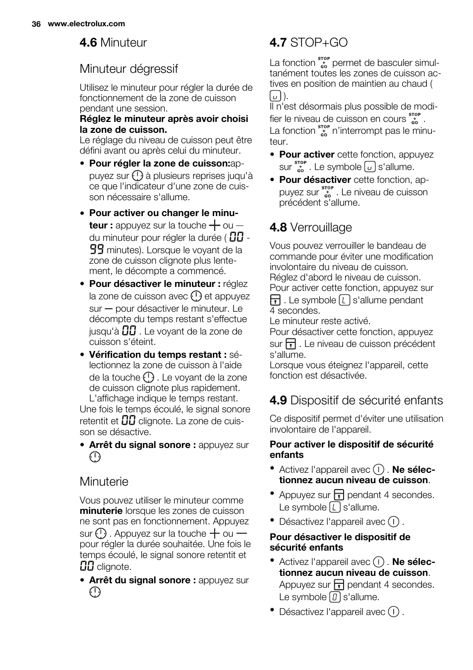 6 minuteur minuteur dégressif, Minuterie, 7 stop+go | 8 verrouillage, 9 dispositif de sécurité enfants | Electrolux EHF3320FOK User Manual | Page 36 / 60