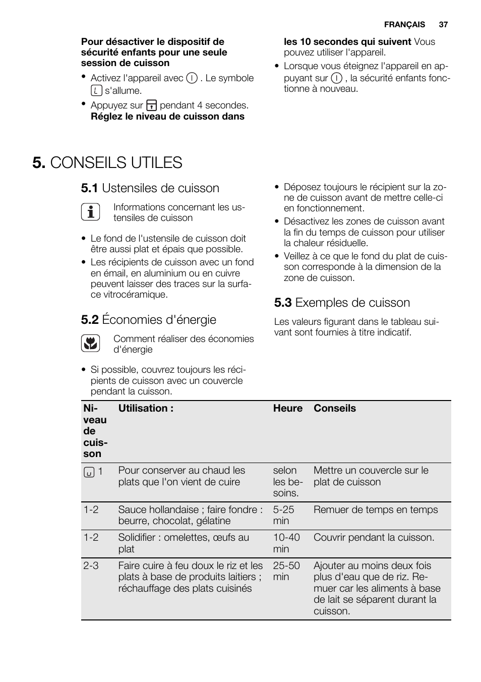 Conseils utiles, 1 ustensiles de cuisson, 2 économies d'énergie | 3 exemples de cuisson | Electrolux EHF3320FOK User Manual | Page 37 / 60