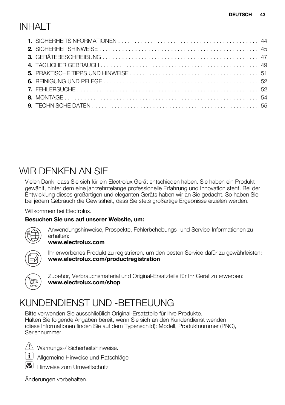 Inhalt, Wir denken an sie, Kundendienst und -betreuung | Electrolux EHF3320FOK User Manual | Page 43 / 60