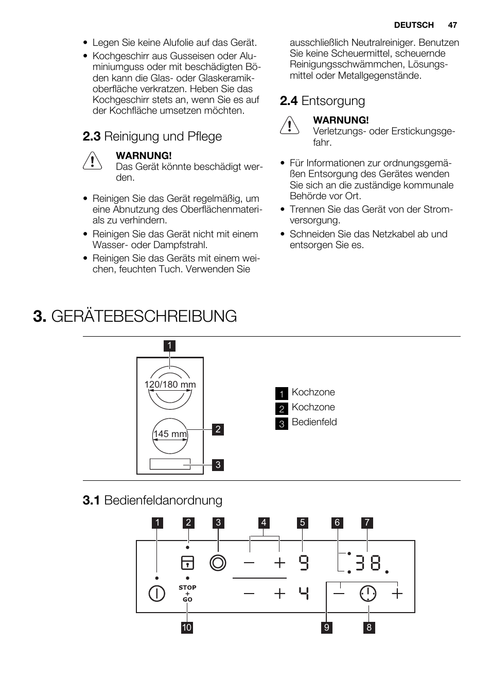 Gerätebeschreibung, 3 reinigung und pflege, 4 entsorgung | 1 bedienfeldanordnung | Electrolux EHF3320FOK User Manual | Page 47 / 60