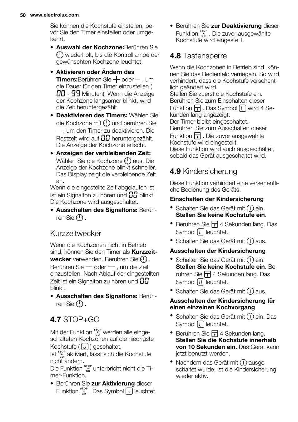 Kurzzeitwecker, 7 stop+go, 8 tastensperre | 9 kindersicherung | Electrolux EHF3320FOK User Manual | Page 50 / 60