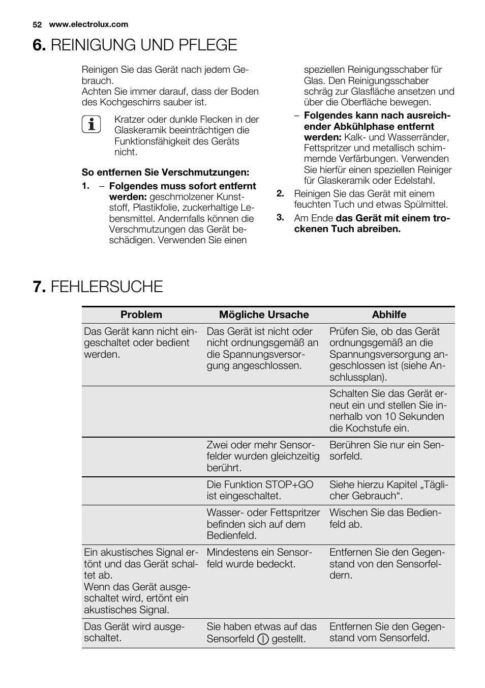 Reinigung und pflege, Fehlersuche | Electrolux EHF3320FOK User Manual | Page 52 / 60