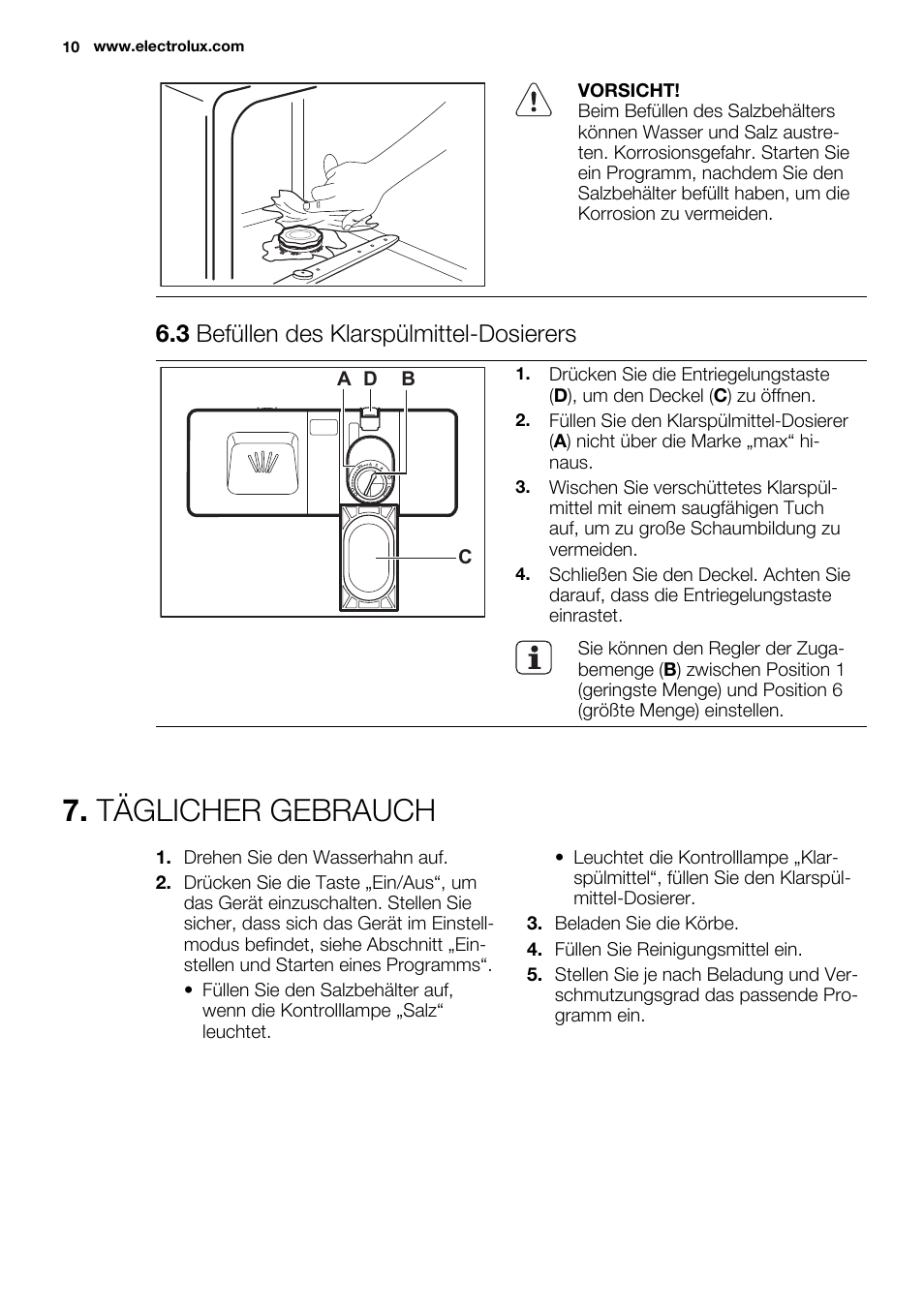 Täglicher gebrauch, 3 befüllen des klarspülmittel-dosierers | Electrolux ESF2300OW User Manual | Page 10 / 64