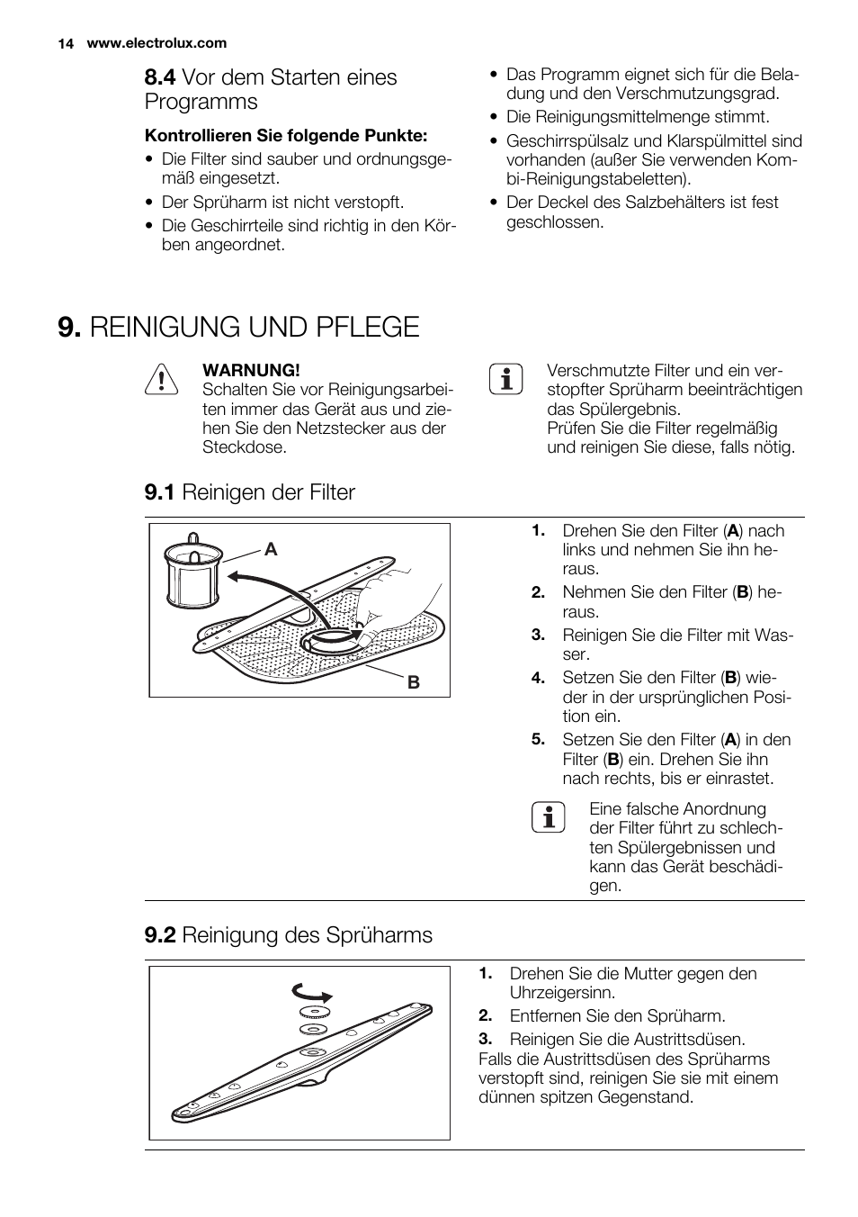 Reinigung und pflege, 4 vor dem starten eines programms, 1 reinigen der filter | 2 reinigung des sprüharms | Electrolux ESF2300OW User Manual | Page 14 / 64
