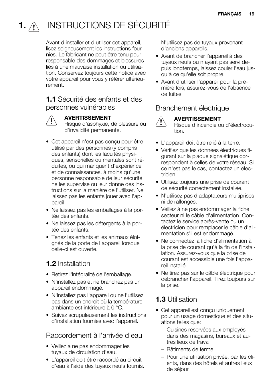 Instructions de sécurité, 2 installation, Raccordement à l'arrivée d'eau | Branchement électrique, 3 utilisation | Electrolux ESF2300OW User Manual | Page 19 / 64