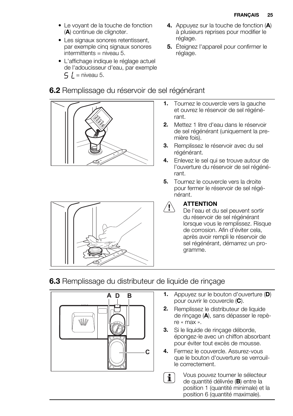 2 remplissage du réservoir de sel régénérant | Electrolux ESF2300OW User Manual | Page 25 / 64