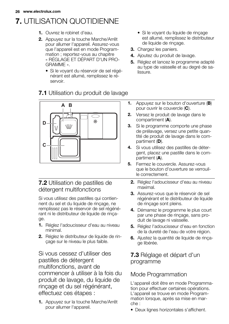 Utilisation quotidienne, 1 utilisation du produit de lavage | Electrolux ESF2300OW User Manual | Page 26 / 64
