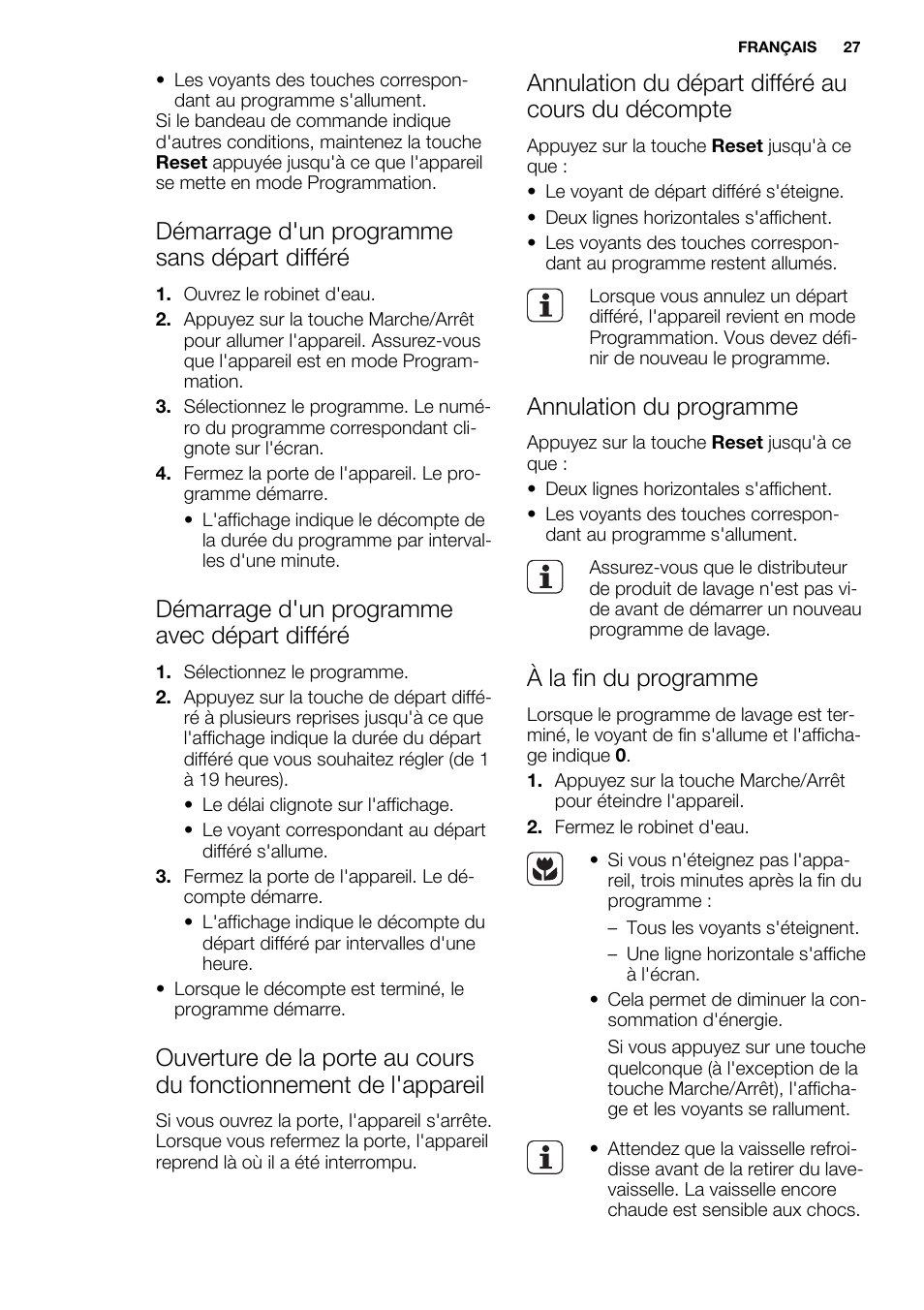 Démarrage d'un programme sans départ différé, Démarrage d'un programme avec départ différé, Annulation du départ différé au cours du décompte | Annulation du programme, À la fin du programme | Electrolux ESF2300OW User Manual | Page 27 / 64