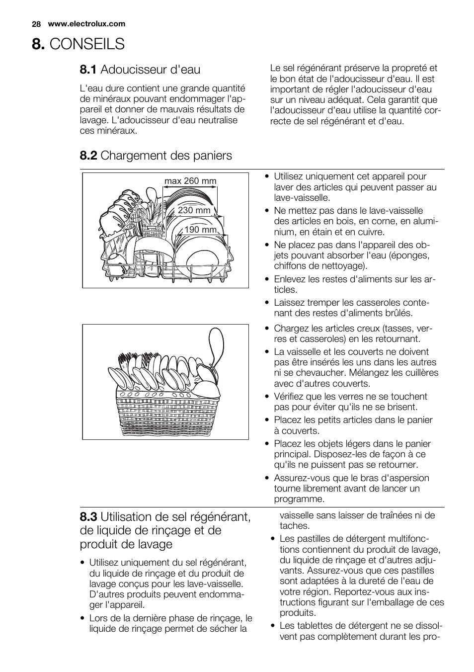 Conseils, 1 adoucisseur d'eau, 2 chargement des paniers | Electrolux ESF2300OW User Manual | Page 28 / 64
