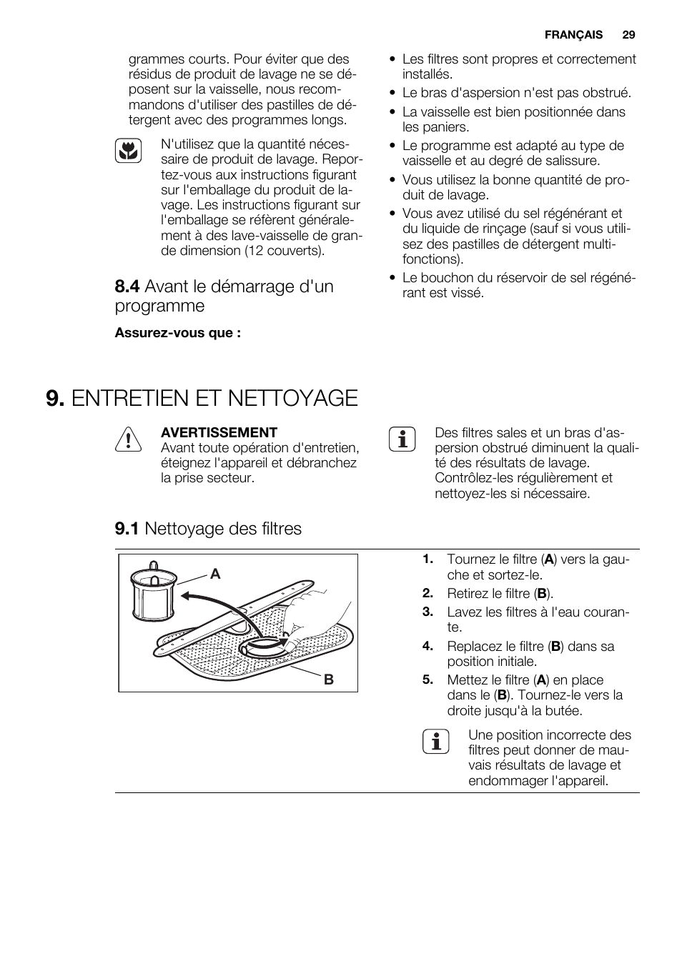 Entretien et nettoyage, 4 avant le démarrage d'un programme, 1 nettoyage des filtres | Electrolux ESF2300OW User Manual | Page 29 / 64