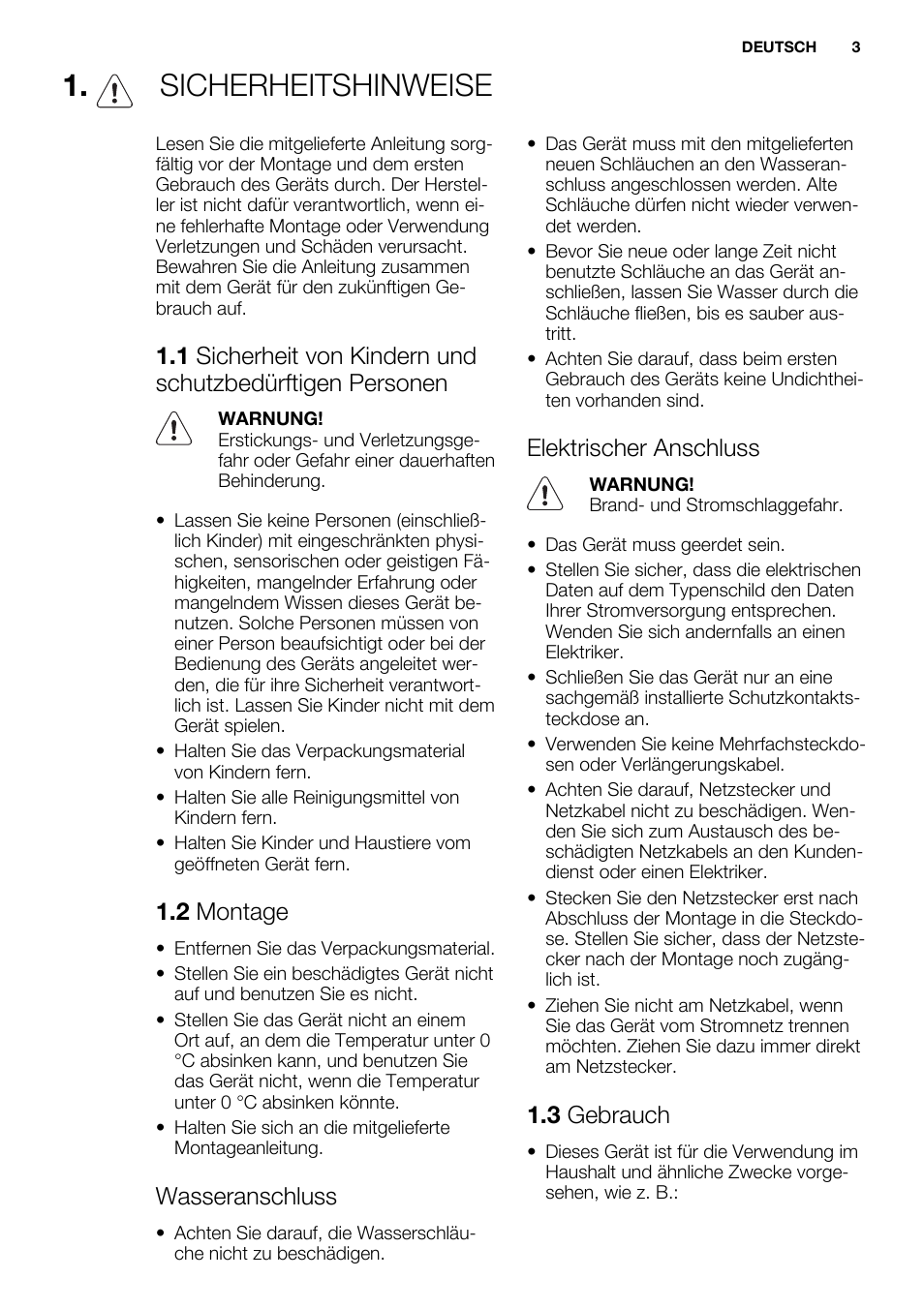 Sicherheitshinweise, 2 montage, Wasseranschluss | Elektrischer anschluss, 3 gebrauch | Electrolux ESF2300OW User Manual | Page 3 / 64