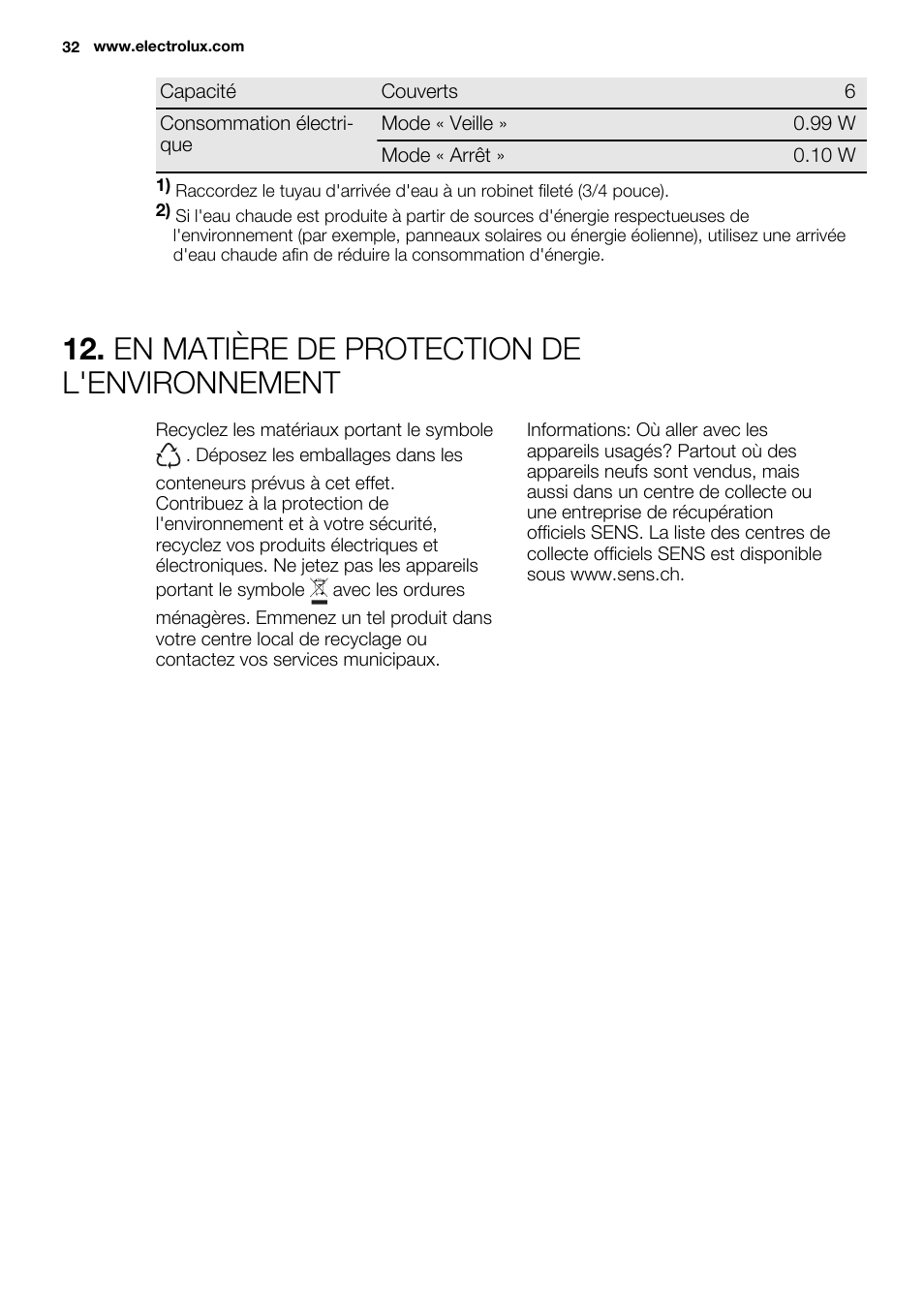En matière de protection de l'environnement | Electrolux ESF2300OW User Manual | Page 32 / 64