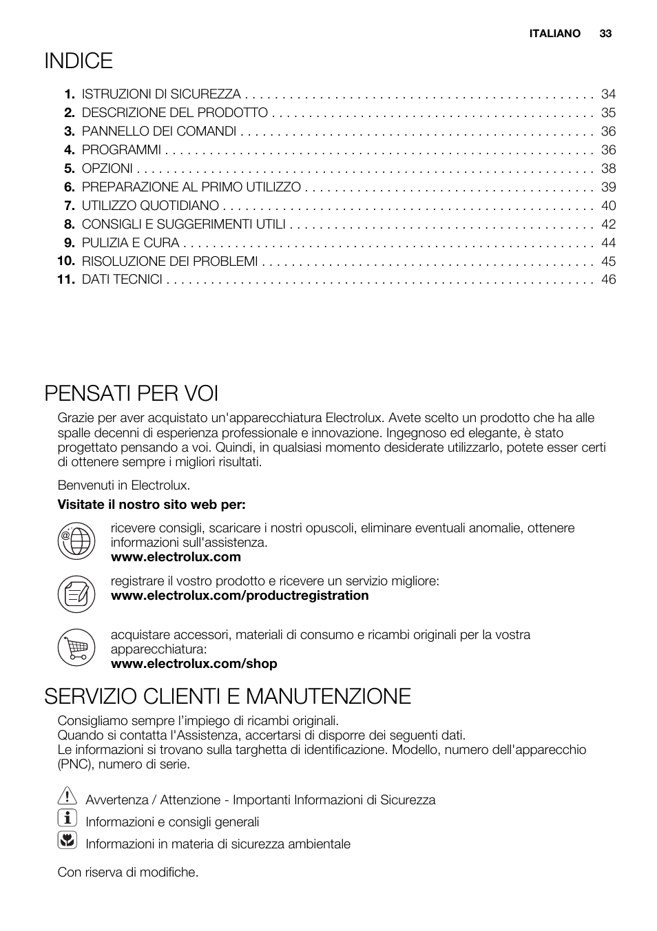 Indice, Pensati per voi, Servizio clienti e manutenzione | Electrolux ESF2300OW User Manual | Page 33 / 64