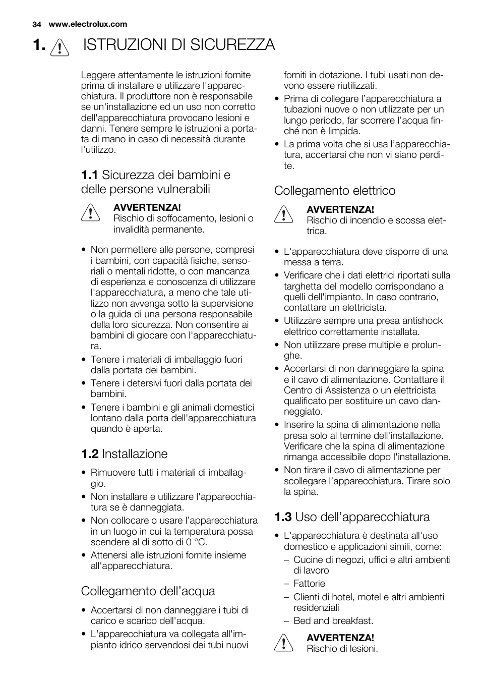 Istruzioni di sicurezza, 2 installazione, Collegamento dell’acqua | Collegamento elettrico, 3 uso dell’apparecchiatura | Electrolux ESF2300OW User Manual | Page 34 / 64