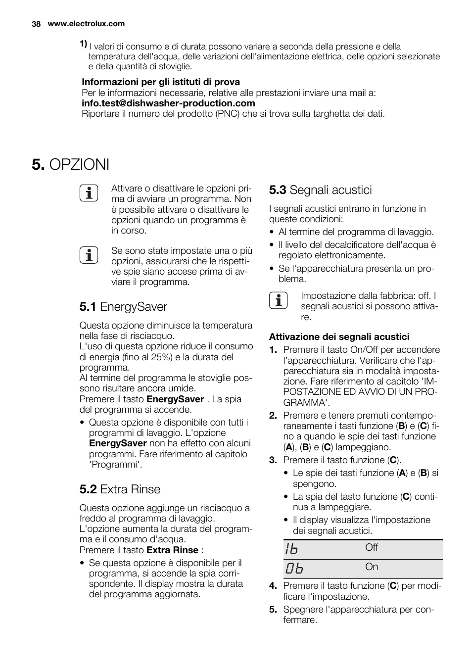 Opzioni, 1 energysaver, 2 extra rinse | 3 segnali acustici | Electrolux ESF2300OW User Manual | Page 38 / 64