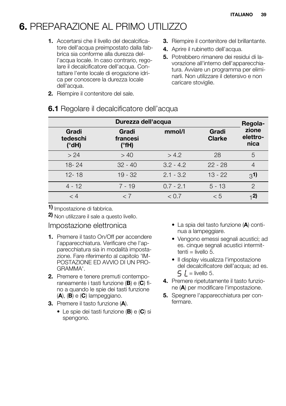 Preparazione al primo utilizzo, 1 regolare il decalcificatore dell’acqua, Impostazione elettronica | Electrolux ESF2300OW User Manual | Page 39 / 64