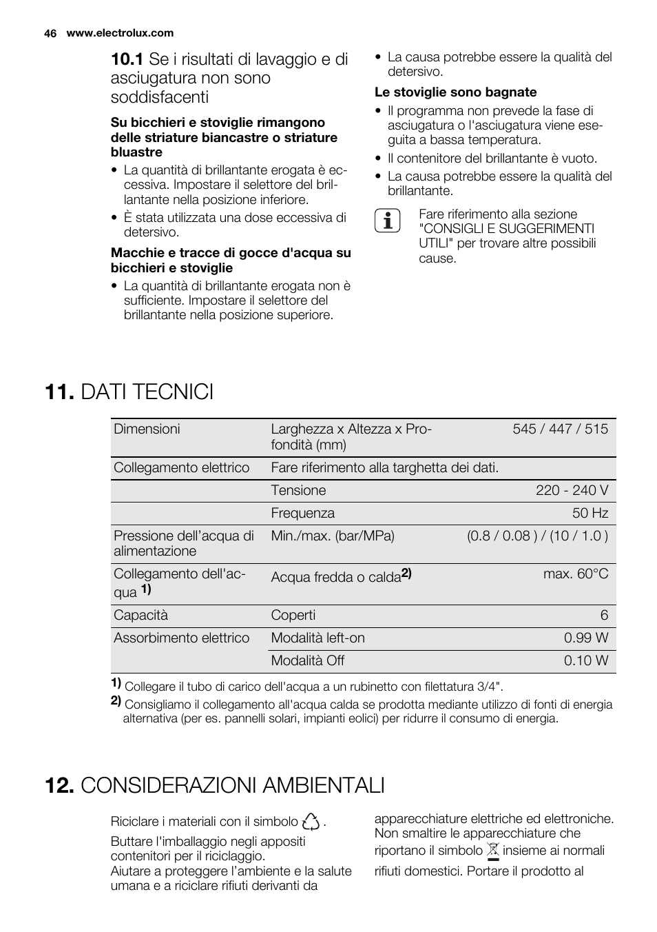Dati tecnici, Considerazioni ambientali | Electrolux ESF2300OW User Manual | Page 46 / 64