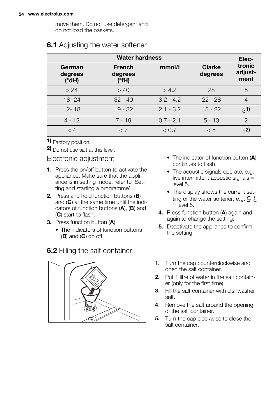 1 adjusting the water softener, Electronic adjustment, 2 filling the salt container | Electrolux ESF2300OW User Manual | Page 54 / 64