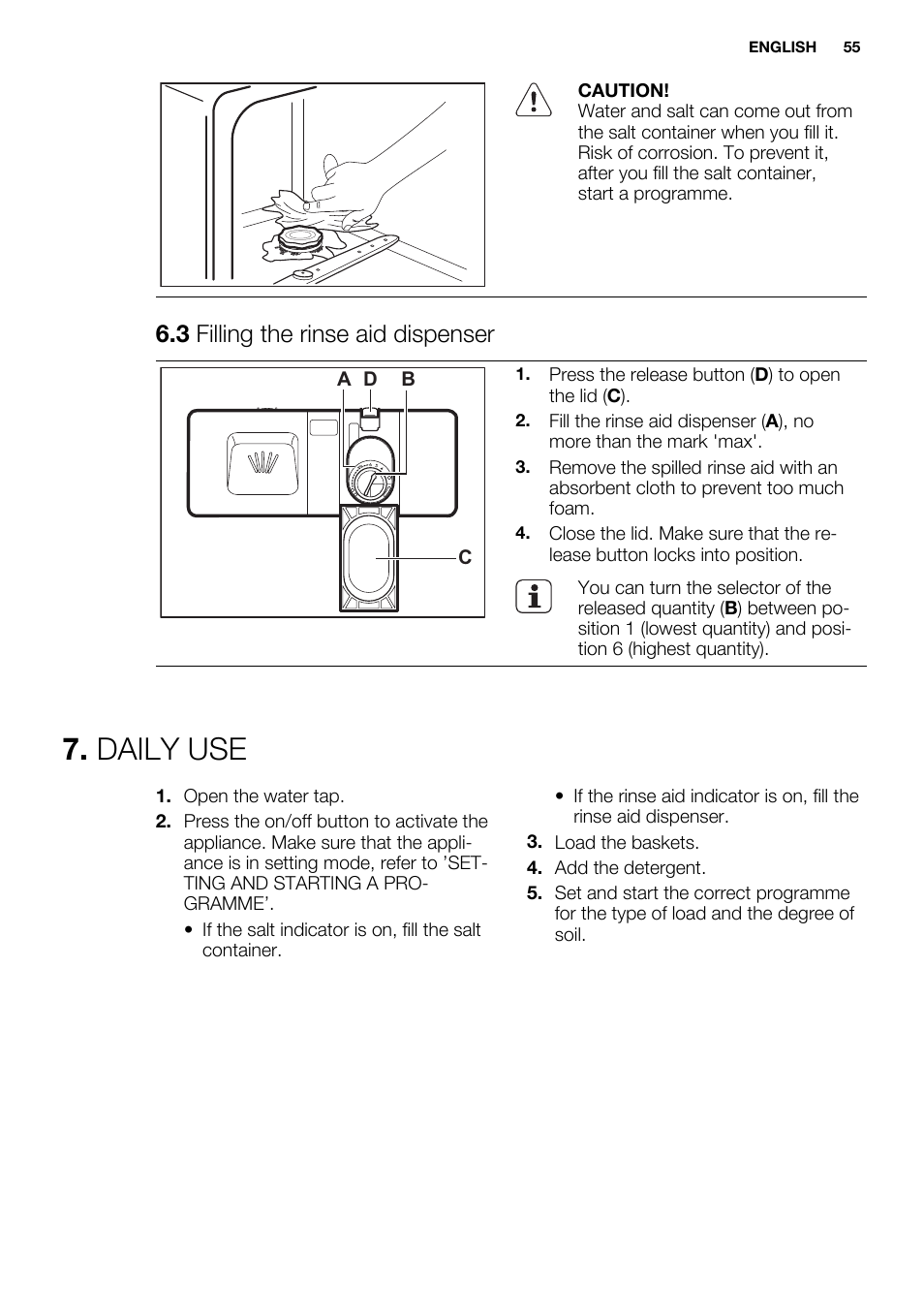 Daily use, 3 filling the rinse aid dispenser | Electrolux ESF2300OW User Manual | Page 55 / 64