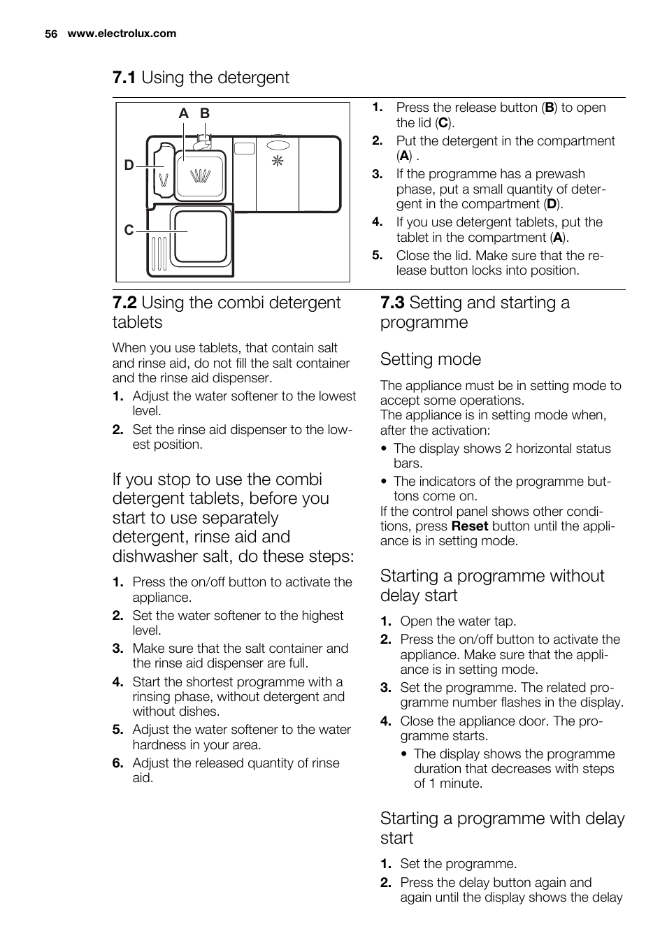 1 using the detergent, 2 using the combi detergent tablets, 3 setting and starting a programme setting mode | Starting a programme without delay start, Starting a programme with delay start | Electrolux ESF2300OW User Manual | Page 56 / 64