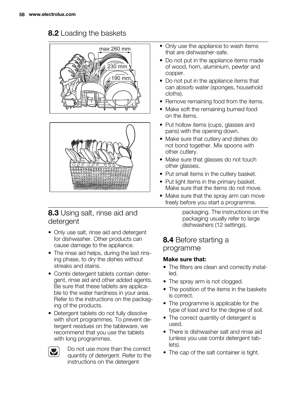 2 loading the baskets, 3 using salt, rinse aid and detergent, 4 before starting a programme | Electrolux ESF2300OW User Manual | Page 58 / 64