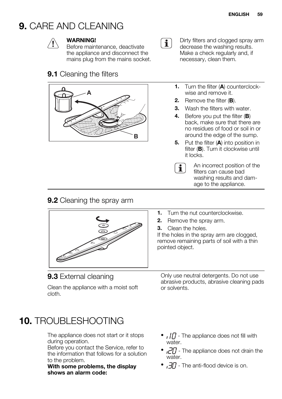 Care and cleaning, Troubleshooting, 1 cleaning the filters | 2 cleaning the spray arm, 3 external cleaning | Electrolux ESF2300OW User Manual | Page 59 / 64