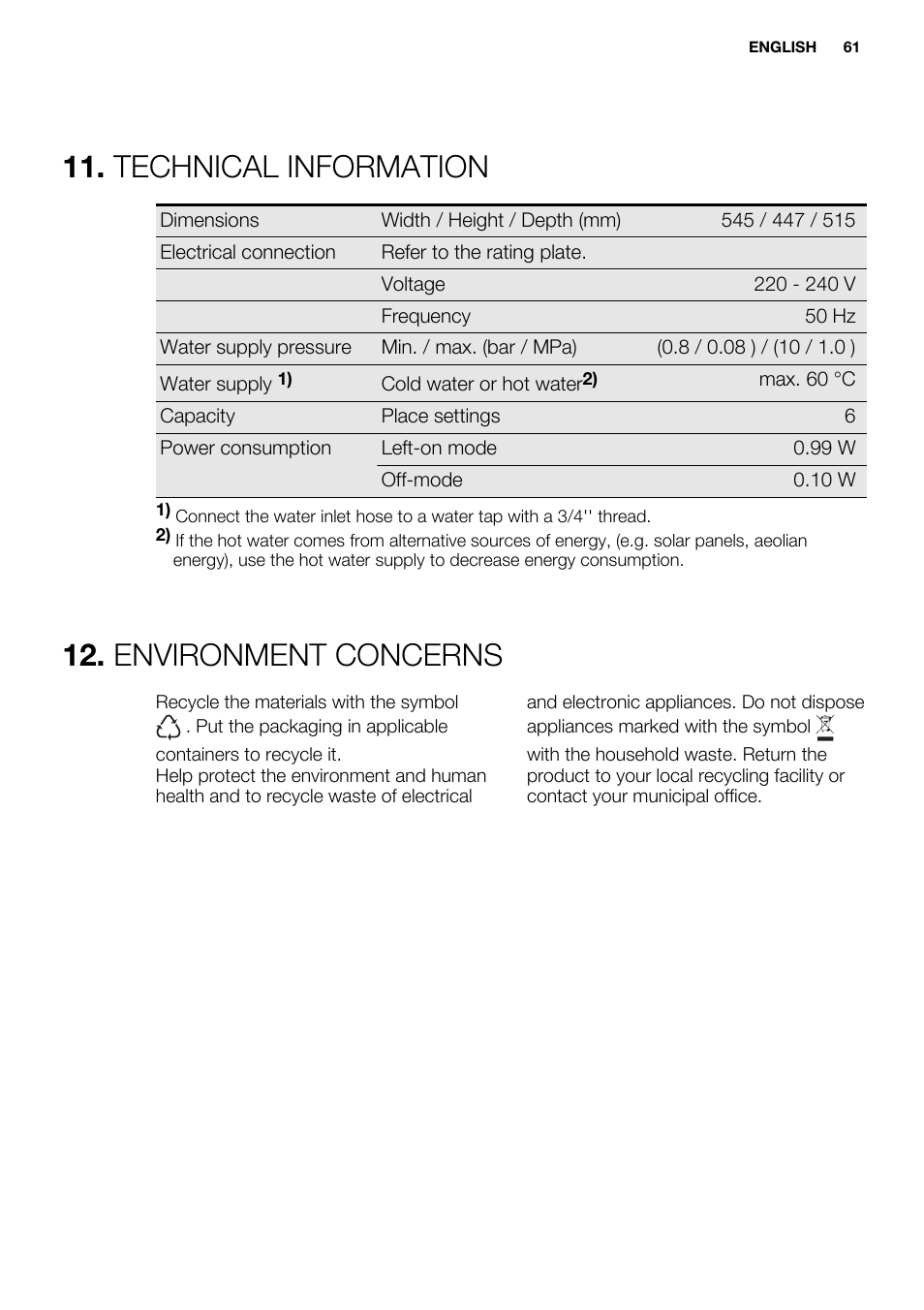 Technical information, Environment concerns | Electrolux ESF2300OW User Manual | Page 61 / 64