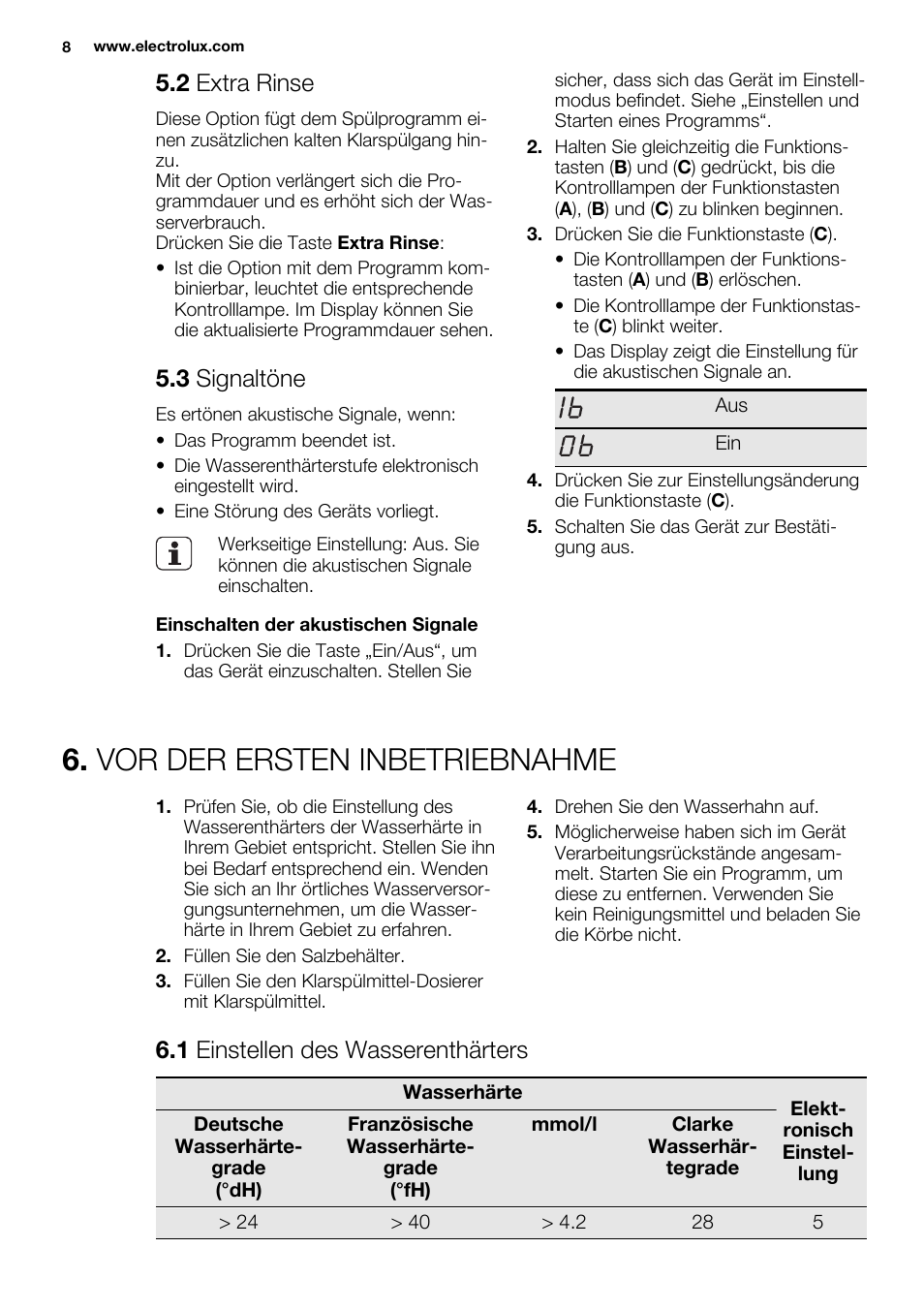 Vor der ersten inbetriebnahme, 2 extra rinse, 3 signaltöne | 1 einstellen des wasserenthärters | Electrolux ESF2300OW User Manual | Page 8 / 64