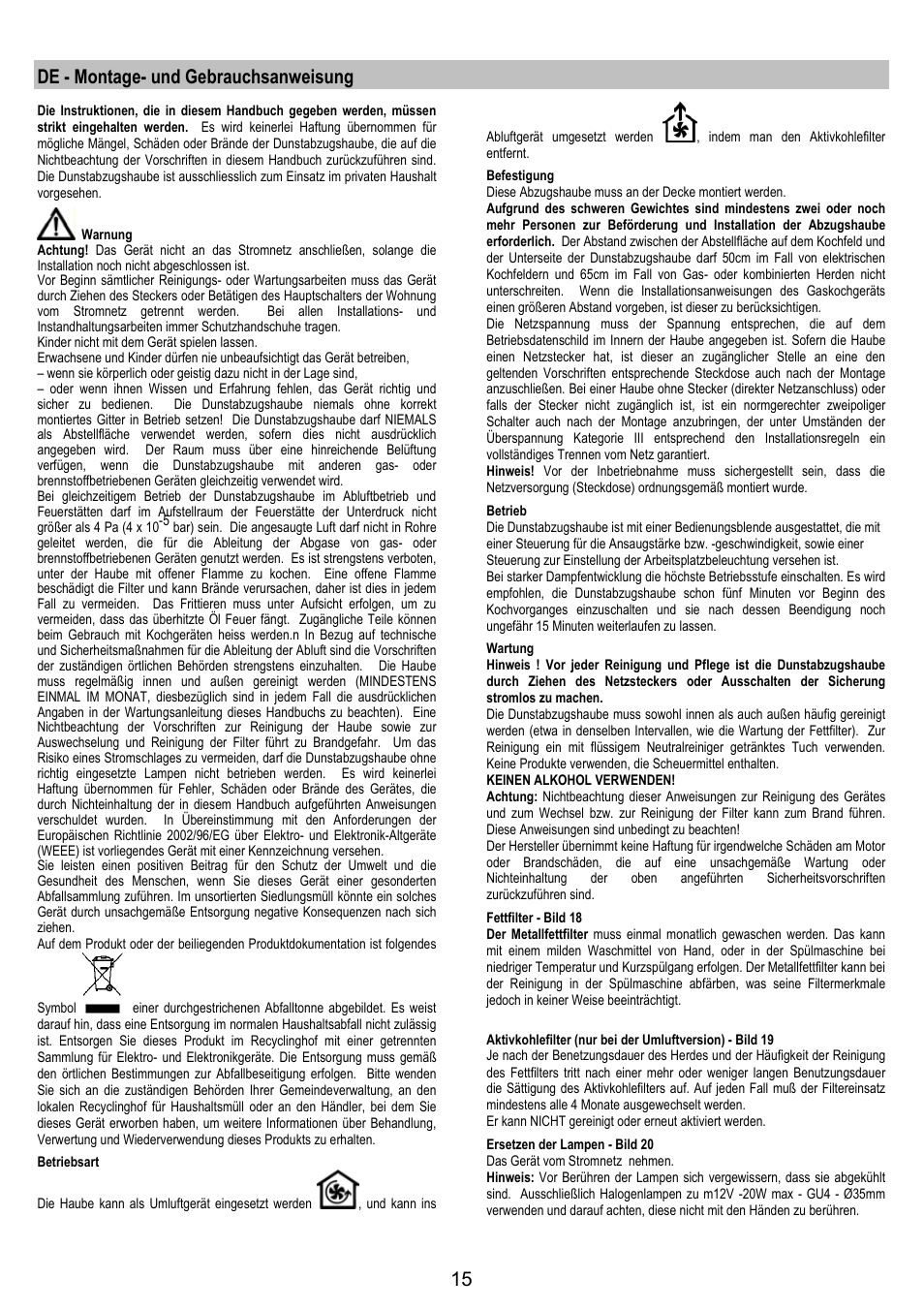 De - montage- und gebrauchsanweisung | Electrolux EFA40850X User Manual | Page 15 / 48