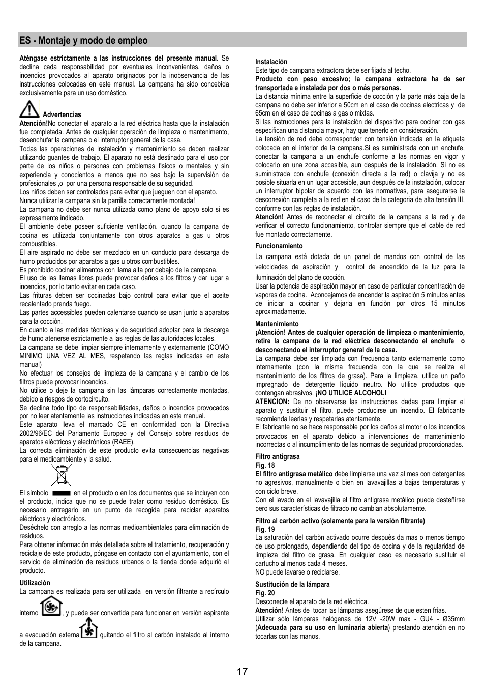 Es - montaje y modo de empleo | Electrolux EFA40850X User Manual | Page 17 / 48