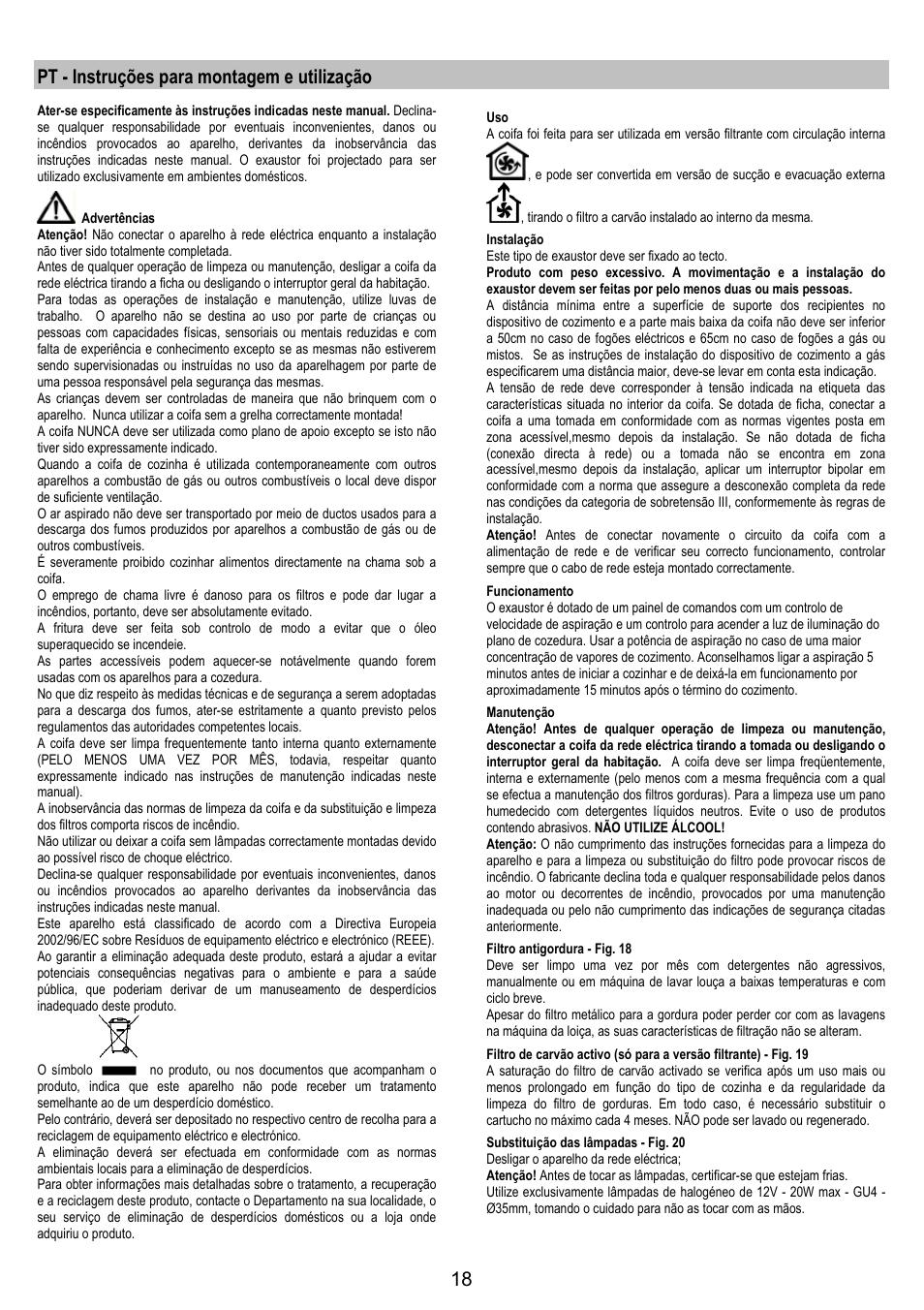 Pt - instruções para montagem e utilização | Electrolux EFA40850X User Manual | Page 18 / 48