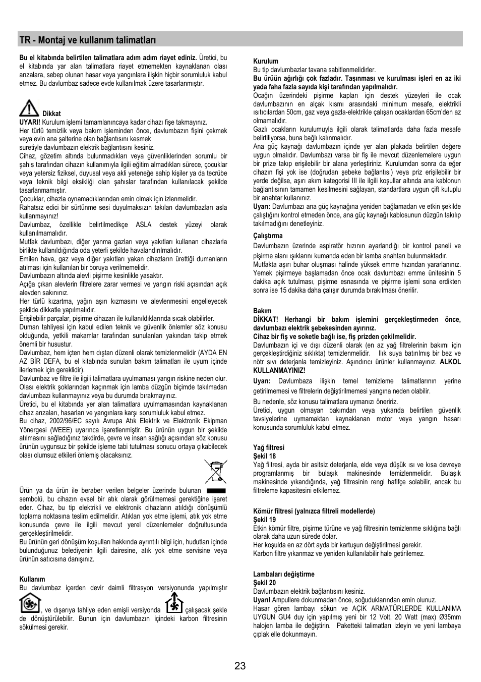 Tr - montaj ve kullanım talimatları | Electrolux EFA40850X User Manual | Page 23 / 48